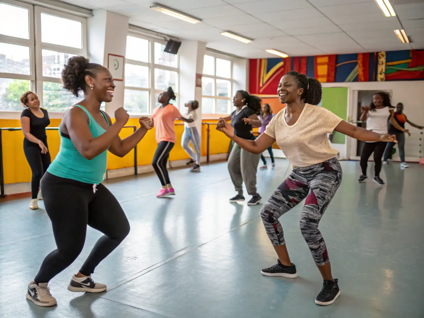A photograph of a workshop in progress, with participants actively engaged in a movement exercise, reflecting ARMO CIE JEROME THOMAS's commitment to education and artistic development.