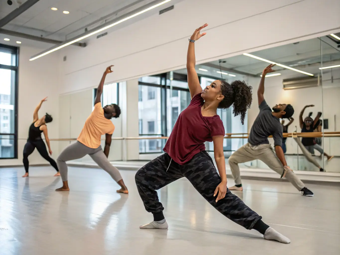 A vibrant image depicting a group of performers engaged in a contemporary dance workshop, showcasing the energy and collaborative spirit of ARMO CIE JEROME THOMAS's educational programs.