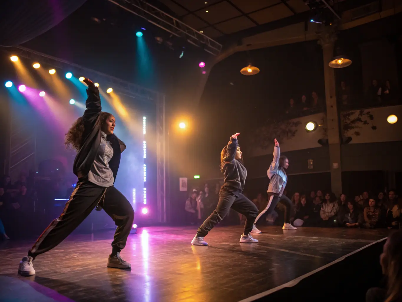 A vibrant image showcasing a contemporary dance performance, with dancers in motion and dynamic lighting, capturing the essence of ARMO CIE JEROME THOMAS's artistic productions.
